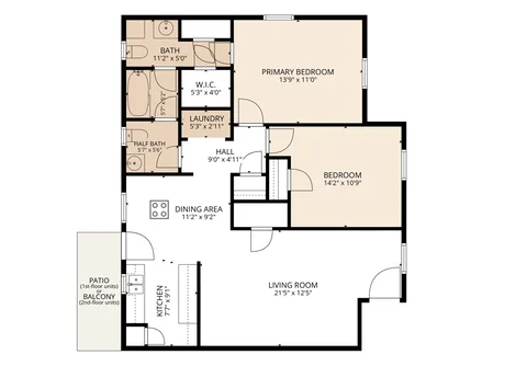 2-Bedroom, 1.5-Bath with W/D Connections floor plan at Autumn Run Apartments in Balch Springs, TX — 2 bed · 1.5 bath, 1,015 sq ft