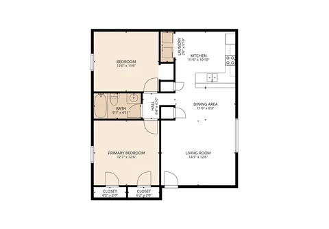 2-Bedroom, 1-Bath with W/D Connections floor plan at Autumn Run Apartments in Balch Springs, TX — 2 bed · 1 bath, 870 sq ft