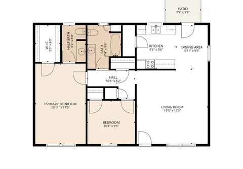 2-Bedroom, 1.5-Bath floor plan at Autumn Run Apartments in Balch Springs, TX — 2 bed · 1.5 bath, 988 sq ft